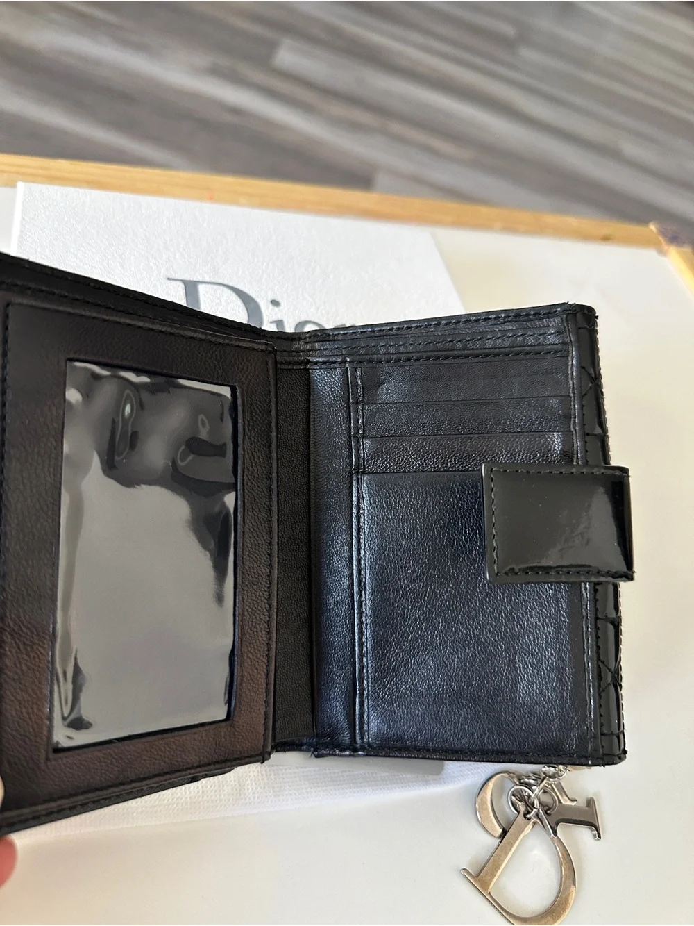 Dior Black Patent Quilted Card Case with Silver Charm